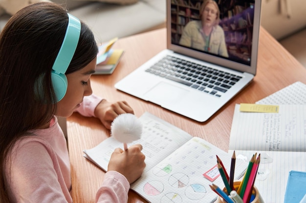 Foto alumna india de la escuela preadolescente latina usando auriculares aprendiendo a distancia en línea en una lección virtual con un profesor de matemáticas en la pantalla de una computadora portátil mediante una videoconferencia en casa vista sobre el hombro