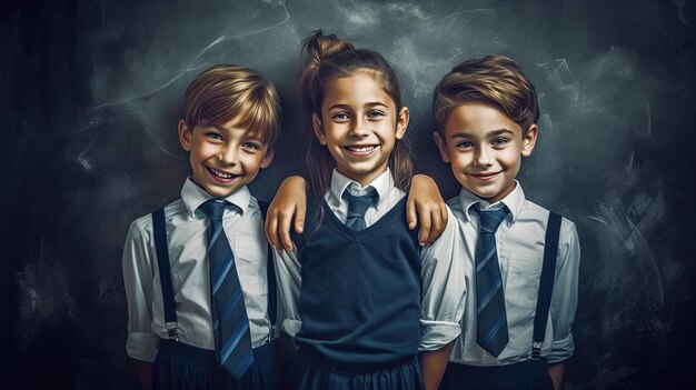 Niños lindos frente a la pizarra de la escuela.