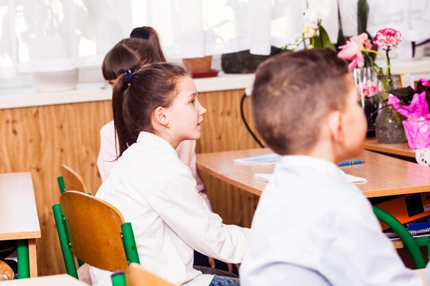 Los alumnos están sentados en el escritorio y estudian la lección.