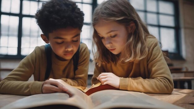 Los alumnos miran la página de un libro interesante