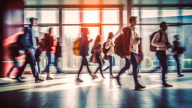 Alumnos paseando por los pasillos de la escuela al amanecer bañados por la luz del sol IA generativa