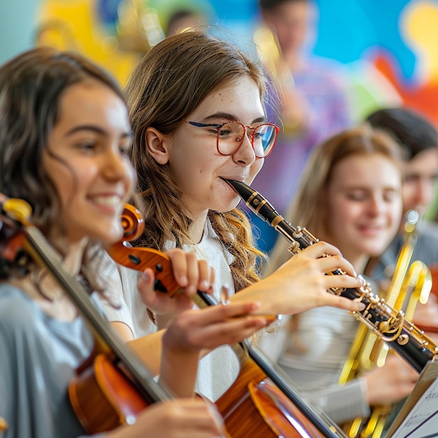 Los alumnos tocan instrumentos musicales en la orquesta escolar