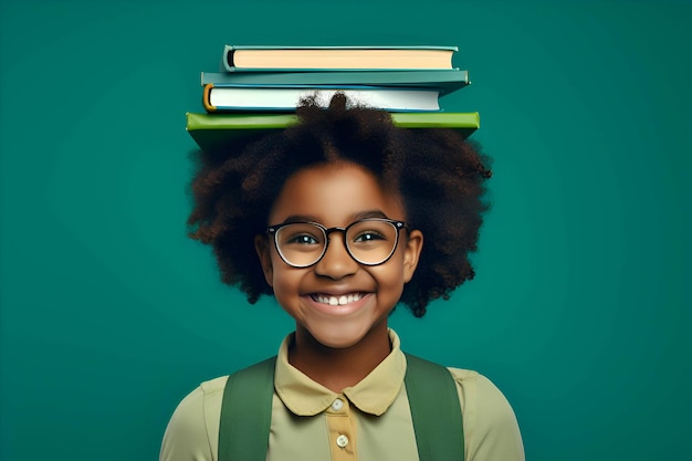 Aluna afro-americana com livros em fundo verde IA generativa 2