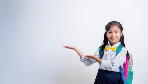 Foto aluna asiática apontando mãos com vestido de escola