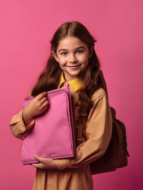 Foto aluna com livros e mochila sorrindo isolada em fundo rosa