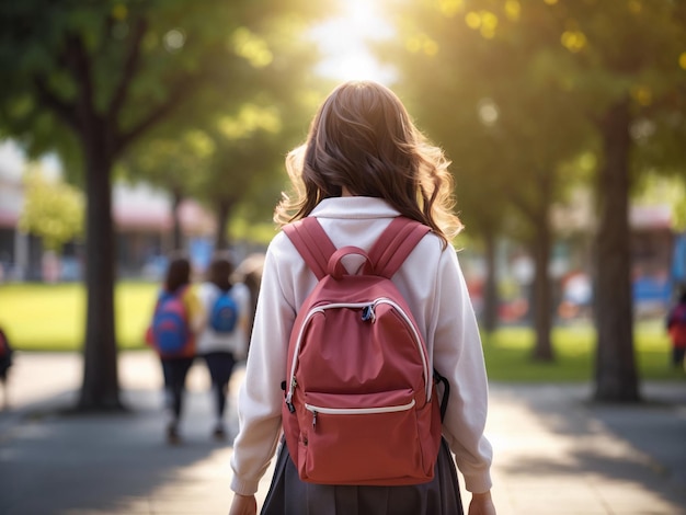 aluna com mochila de volta ao fundo da escola