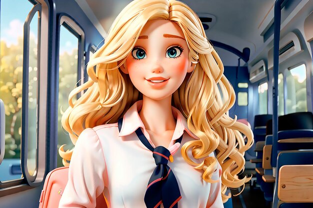 Aluna da Barbie sentada no ônibus