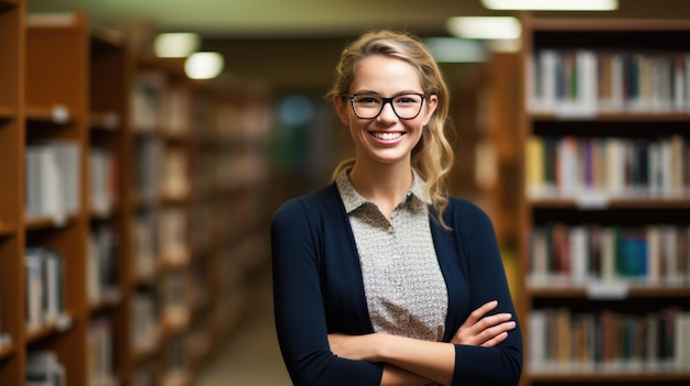 Aluna em frente às estantes de livros na biblioteca da faculdade