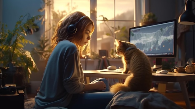 Aluna freelancer trabalhando em casa em uma tarefa que o gato está sentado na janela