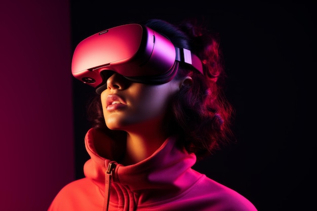Aluna hispânica jovem usa tecnologia de computador menina vr fone de ouvido realidade virtual