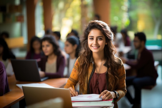 Foto aluna indiana bem-sucedida com um grupo de estudantes universitários na sala de aula da universidade