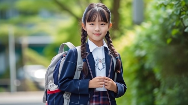 Aluna japonesa carregando uma bolsa Na sala de aula, a menina está segurando uma pilha de livros didáticos The Generative AI