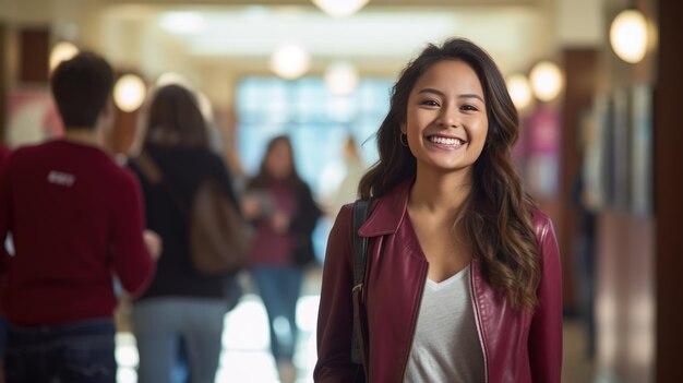 Aluna jovem fica no fundo de um corredor do campus Criado com tecnologia Generative AI