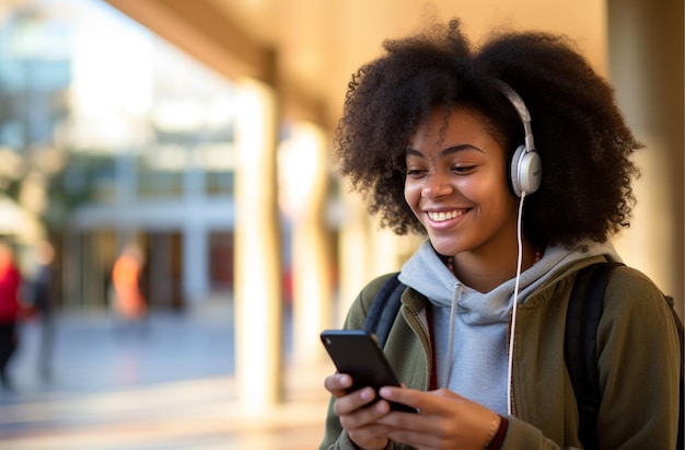 Foto aluna negra americana sorridente com um celular gerado por ia