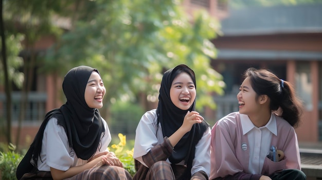 Alunas asiáticas em uniformes aprendendo e rindo juntas