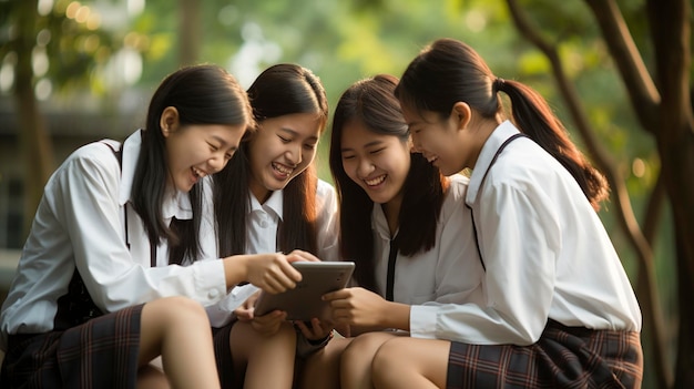 Alunas asiáticas em uniformes aprendendo e rindo juntas