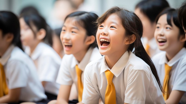 Alunas asiáticas em uniformes aprendendo e rindo juntas