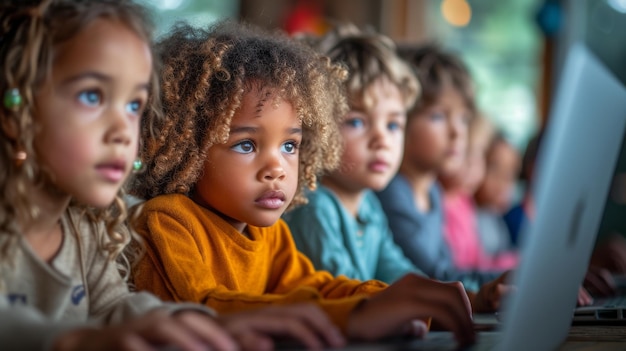 Aluno afro-americano e colegas diversos navegando na Internet no computador aprendendo on-line em ambientes fechados