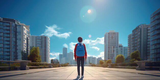 Aluno com mochila a pé para a escola fundo de céu azul de volta ao conceito de escola generativo Ai