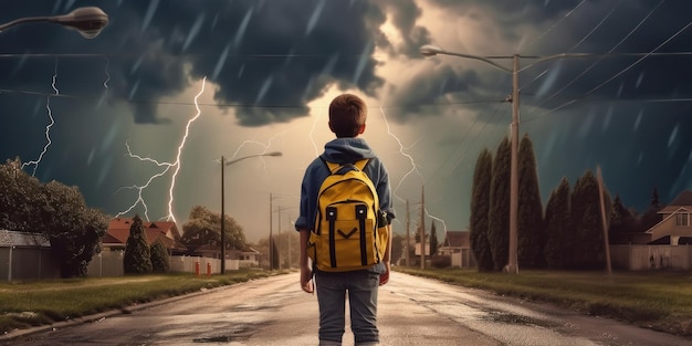 Aluno com mochila a pé para a escola fundo de tempestade de trovoada de volta à escola conceito generativo Ai