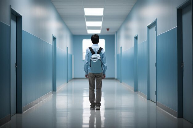 Aluno com mochila no corredor da escola de cor azul de volta à escola Generative ai