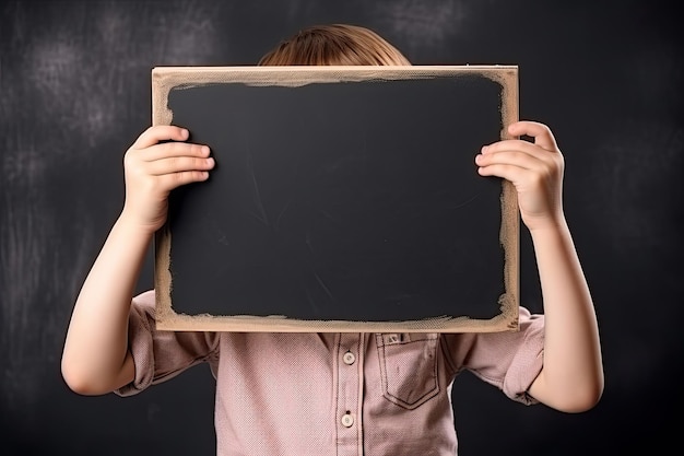 Aluno com um quadro-negro vazio na mão para espaço de cópia com fundo preto De volta ao conceito de escola Ai generative