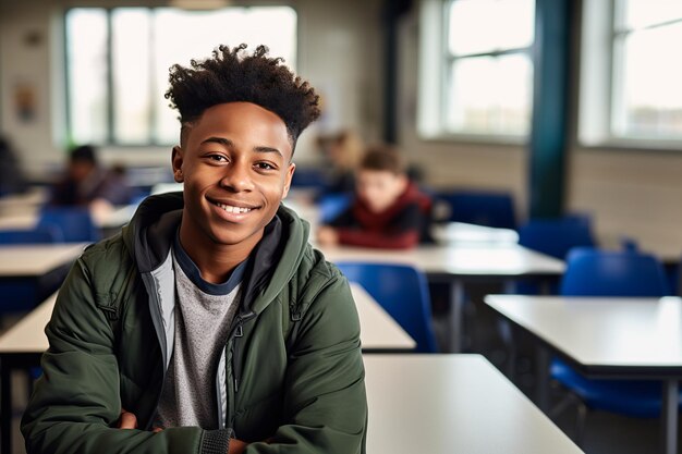 Foto aluno de etnia negra feliz na sala de aula do ensino médio