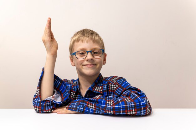 Foto aluno de óculos levanta a mão menino de camisa xadrez sabe responder estudo do ensino fundamental