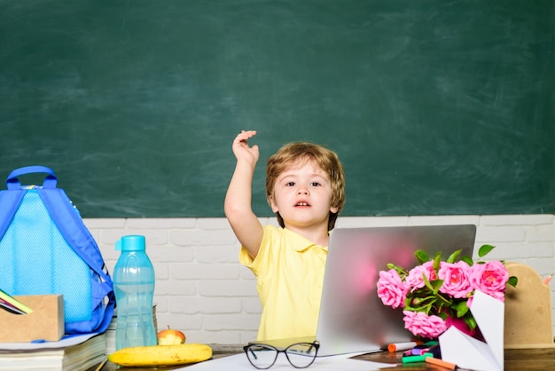 Aluno fofo fazendo lição de casa tem uma boa ideia menino da escola com laptop tem uma nova ideia escola primária