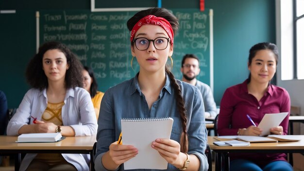 Aluno impressionado e estupefacto frequenta aulas de línguas segura cadernos usa óculos bandana vermelha e