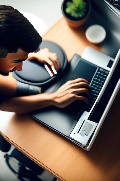 Aluno trabalhando na visão aérea do laptop