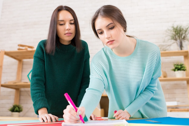 Alunos bonitos trabalhando no projeto da universidade