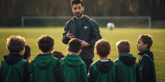 Foto alunos da escola primária estão sendo treinados por um treinador esportivo generative ai