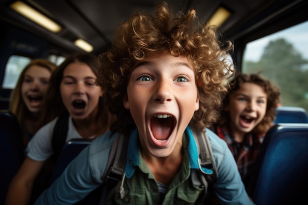 Alunos divertidos em um ônibus escolar compartilhando risos e criando memórias em sua jornada para a escola incorporando o espírito de amizade e aventura durante seu trajeto juntos