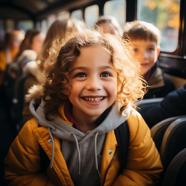 Alunos do ensino fundamental embarcando no ônibus amarelo Alegria da infância capturada