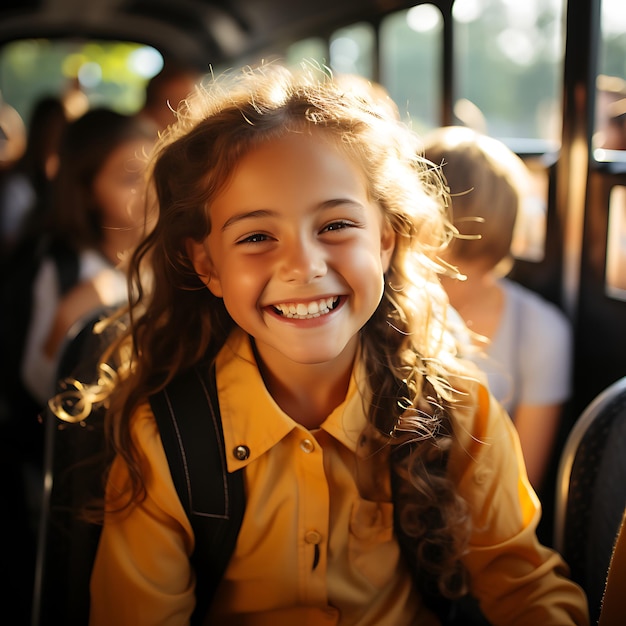 Alunos do ensino fundamental embarcando no ônibus amarelo Alegria da infância capturada