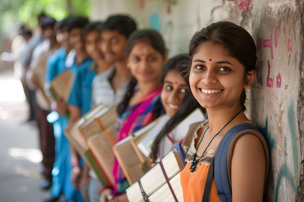 alunos do ensino médio indiano com cadernos e mochila sorrindo para a câmera