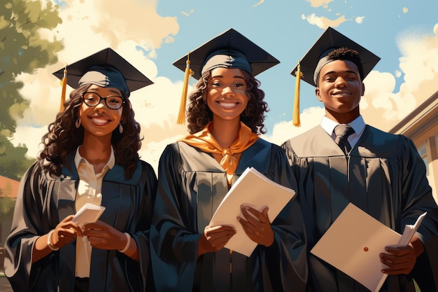 alunos do último ano do ensino médio com vestidos de formatura segurando seus diplomas