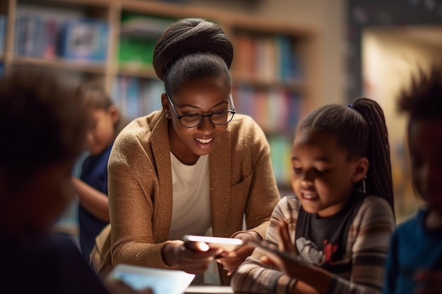 Alunos e professores sorridentes em uma sala de aula na escola Elearning e conceito de educação