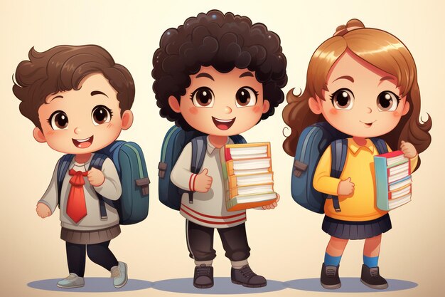 Alunos engraçados de crianças com desenhos animados de ilustração de livros e mochilas de volta à escola