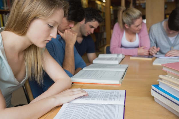 Alunos estudando como um grupo na biblioteca da faculdade