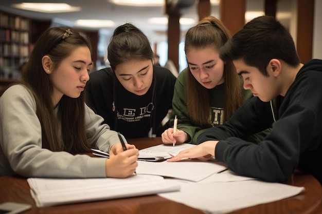 Alunos estudando em uma biblioteca, um deles está vestindo um moletom que diz la