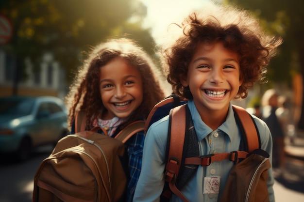 Alunos felizes com suas mochilas de volta às aulas