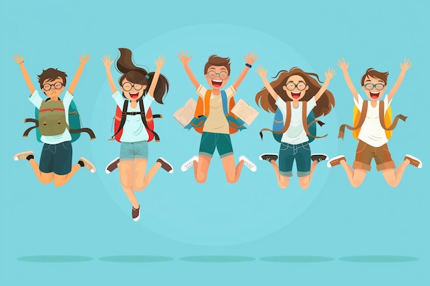 Alunos felizes pulando com mochilas e livros em um fundo azul