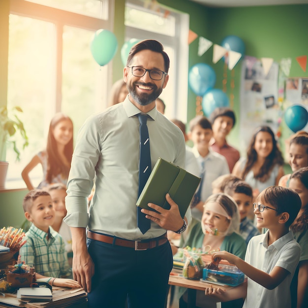 Foto alunos fotográficos cumprimentando seu professor em sala de aula para o conceito do dia do professor ai generativo