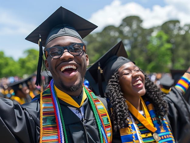 Foto alunos ghaneses felizes em traje de kente de formatura