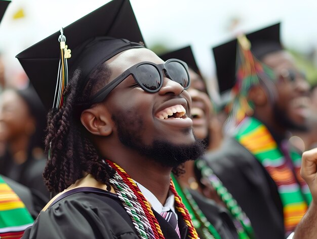 Alunos ghaneses felizes em traje de Kente de formatura