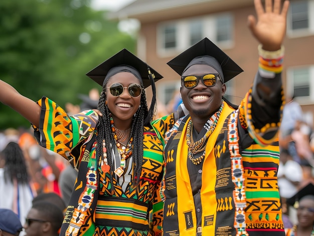 Foto alunos ghaneses felizes em traje de kente de formatura