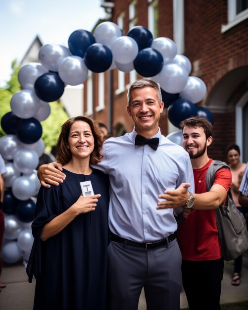 Alunos graduados orgulhosos comemoram o sucesso com seus pais