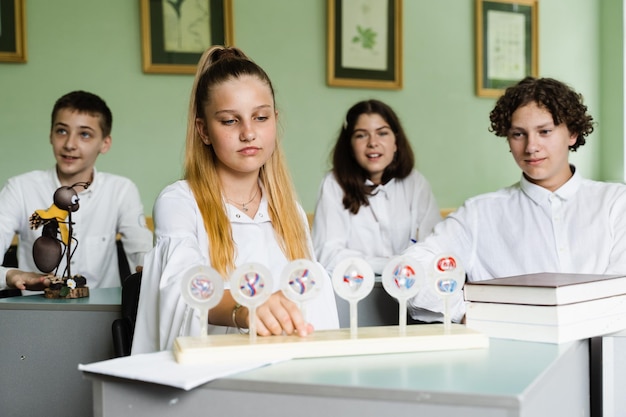 Alunos na aula de biologia na escola com modelos de células animais na mesa Professor de biologia dá aula para alunos em sala de aula Educação na escola de biologia e química